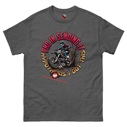 Quantum apparel T-shirt with dirt bike design, "PhD in Sending It" slogan for science geeks by Technium Foundry.