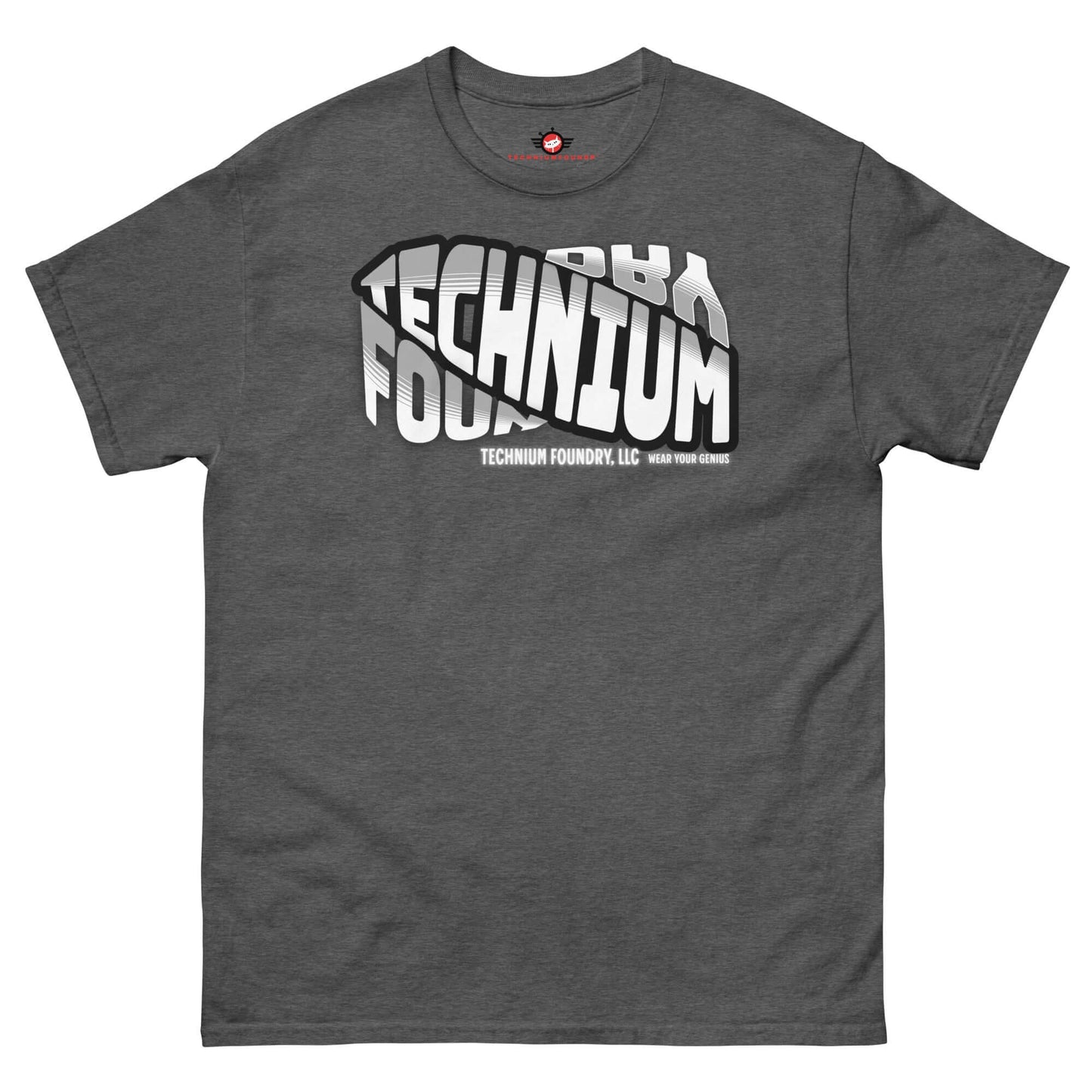 Technium Foundry Core Logo T-Shirt in dark gray, featuring a dynamic typography design for science geeks and quantum apparel fans.