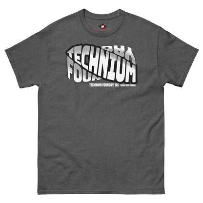 Technium Foundry Core Logo T-Shirt in dark gray, featuring a dynamic typography design for science geeks and quantum apparel fans.