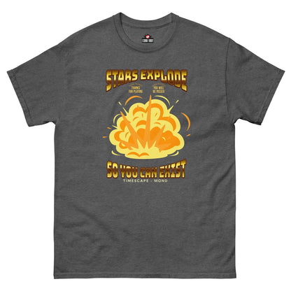 "Stars Explode T-Shirt by Technium Foundry, celebrating cosmic origins with a supernova design. Quantum apparel for science geeks."