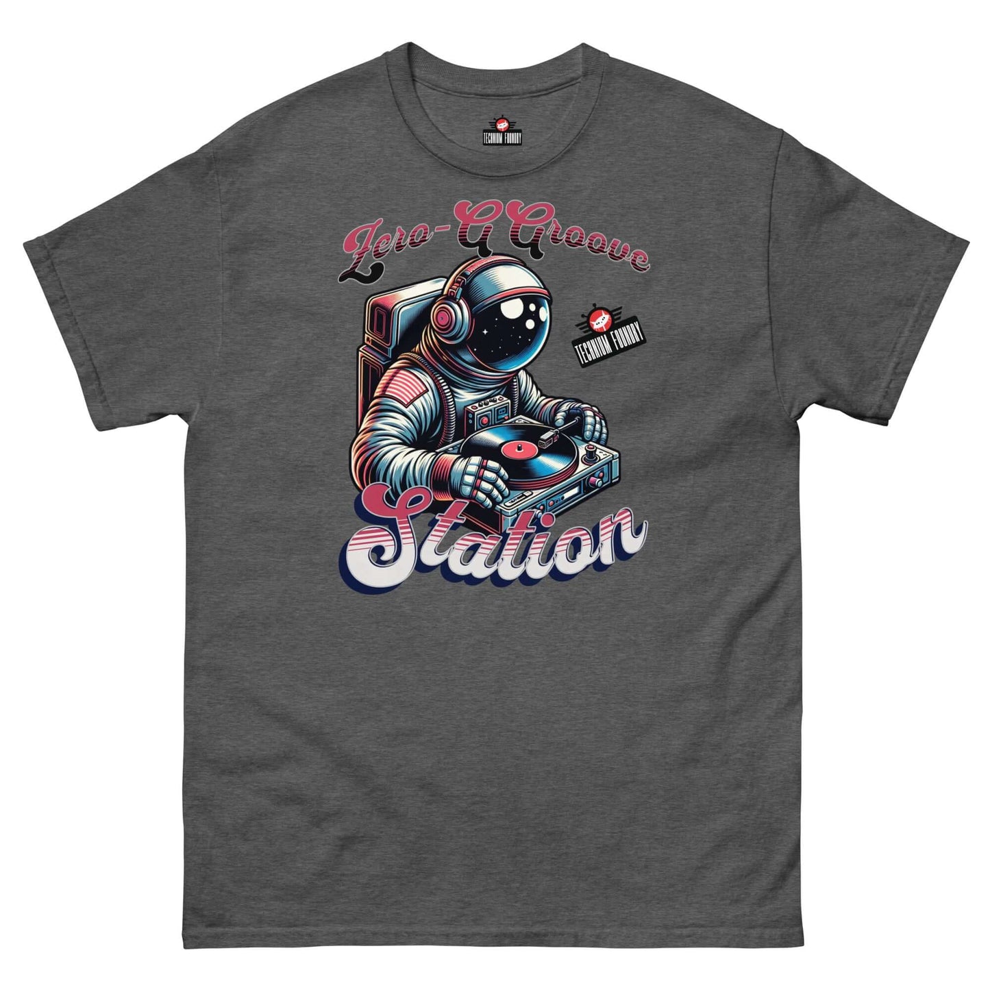 Astronaut DJ on Zero-G Groove Station T-Shirt by Technium Foundry, spinning vinyl records in space-themed design.