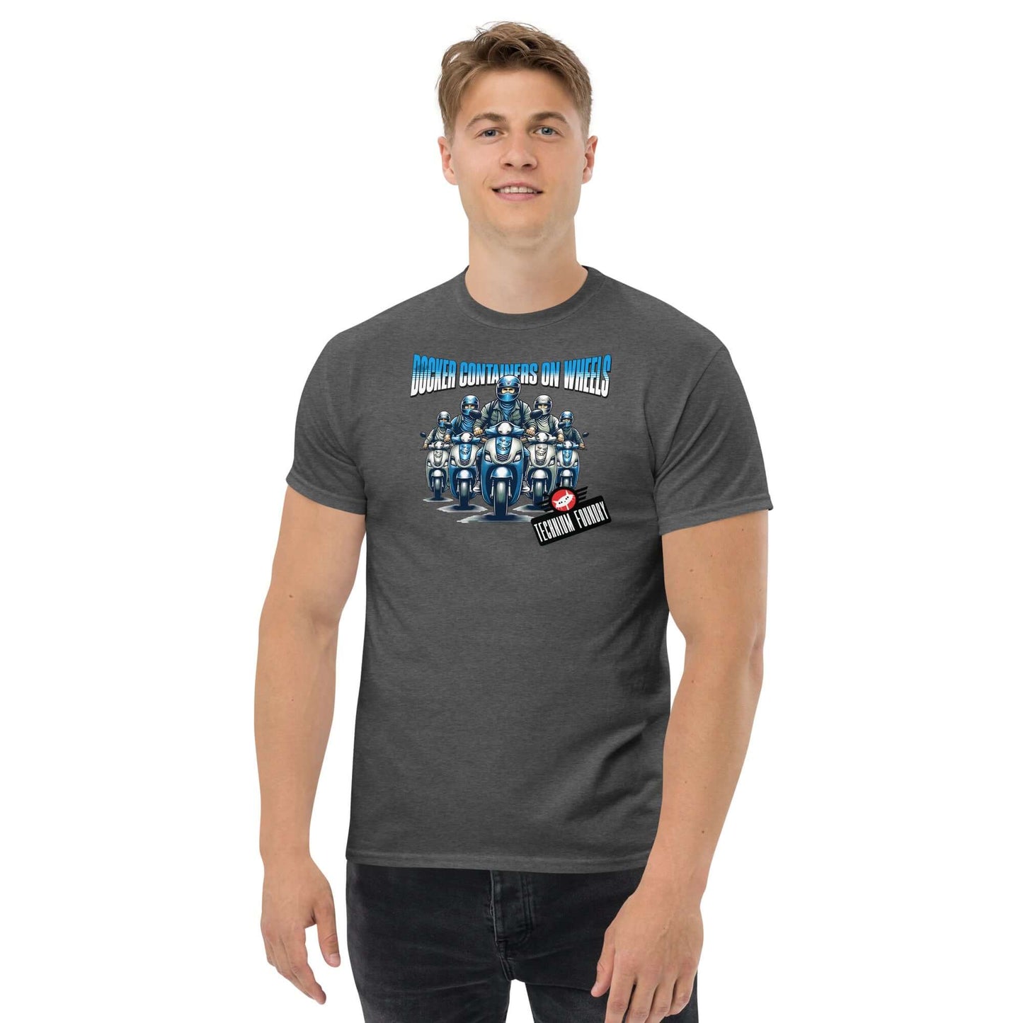 Man wearing "Docker Containers on Wheels" T-shirt by Technium Foundry, featuring container orchestration design.