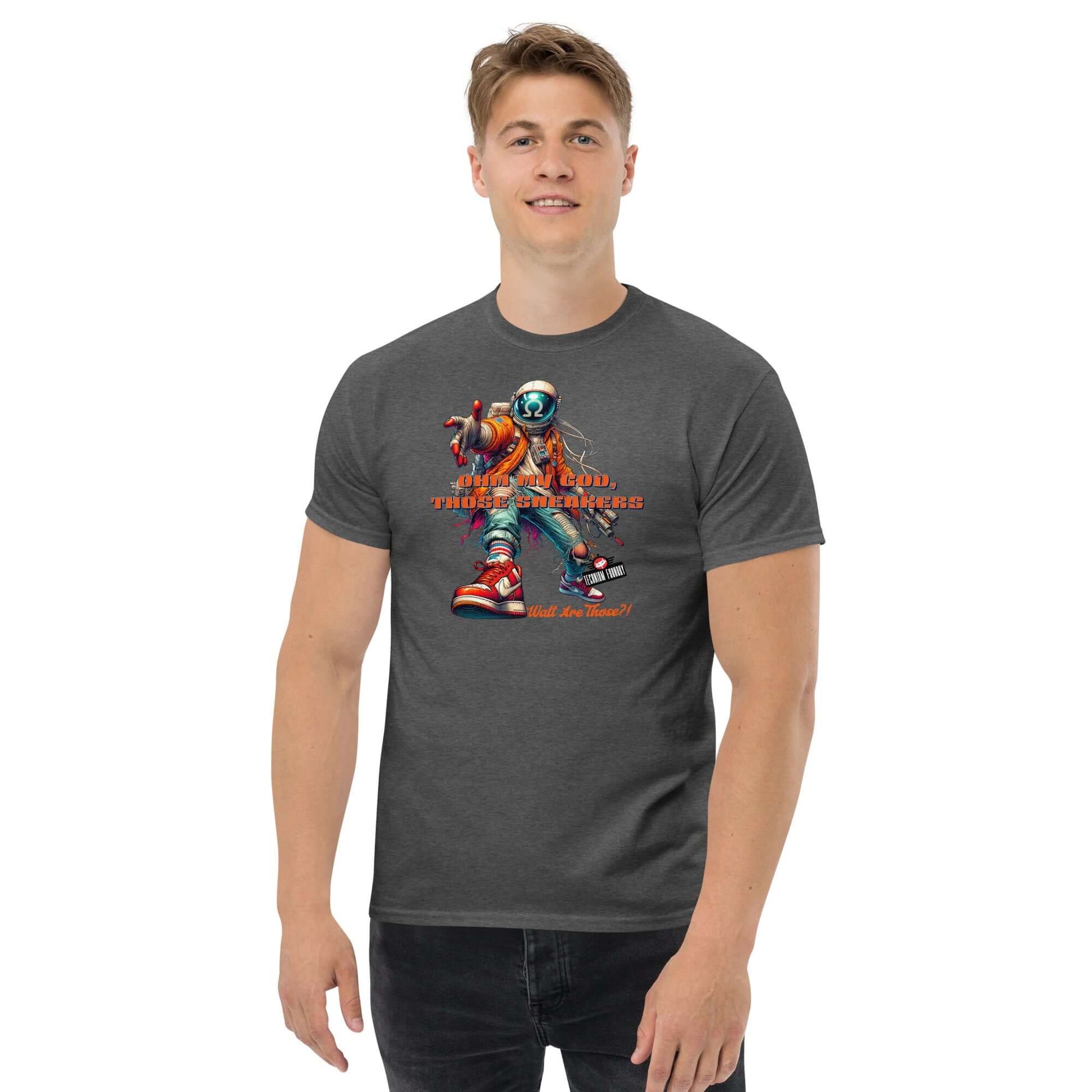 Man wearing "Watt Are Those?!" Electronic Kicks T-Shirt by Technium Foundry featuring a stylish astronaut design.