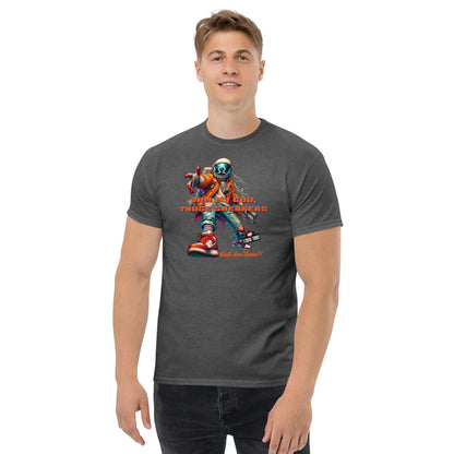 Man wearing "Watt Are Those?!" Electronic Kicks T-Shirt by Technium Foundry featuring a stylish astronaut design.