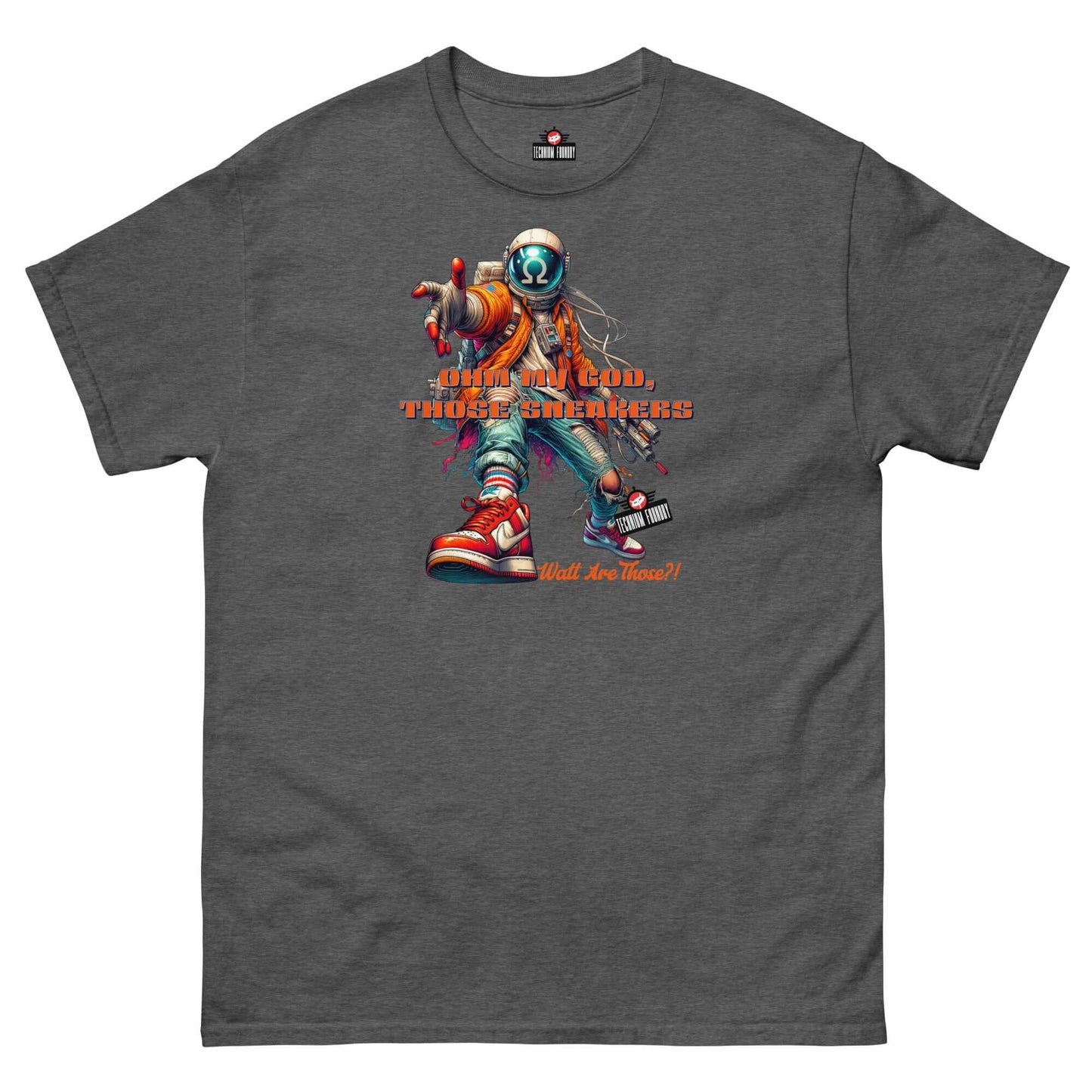 "Watt Are Those?! Electronic Kicks T-Shirt featuring futuristic astronaut in stylish sneakers by Technium Foundry"