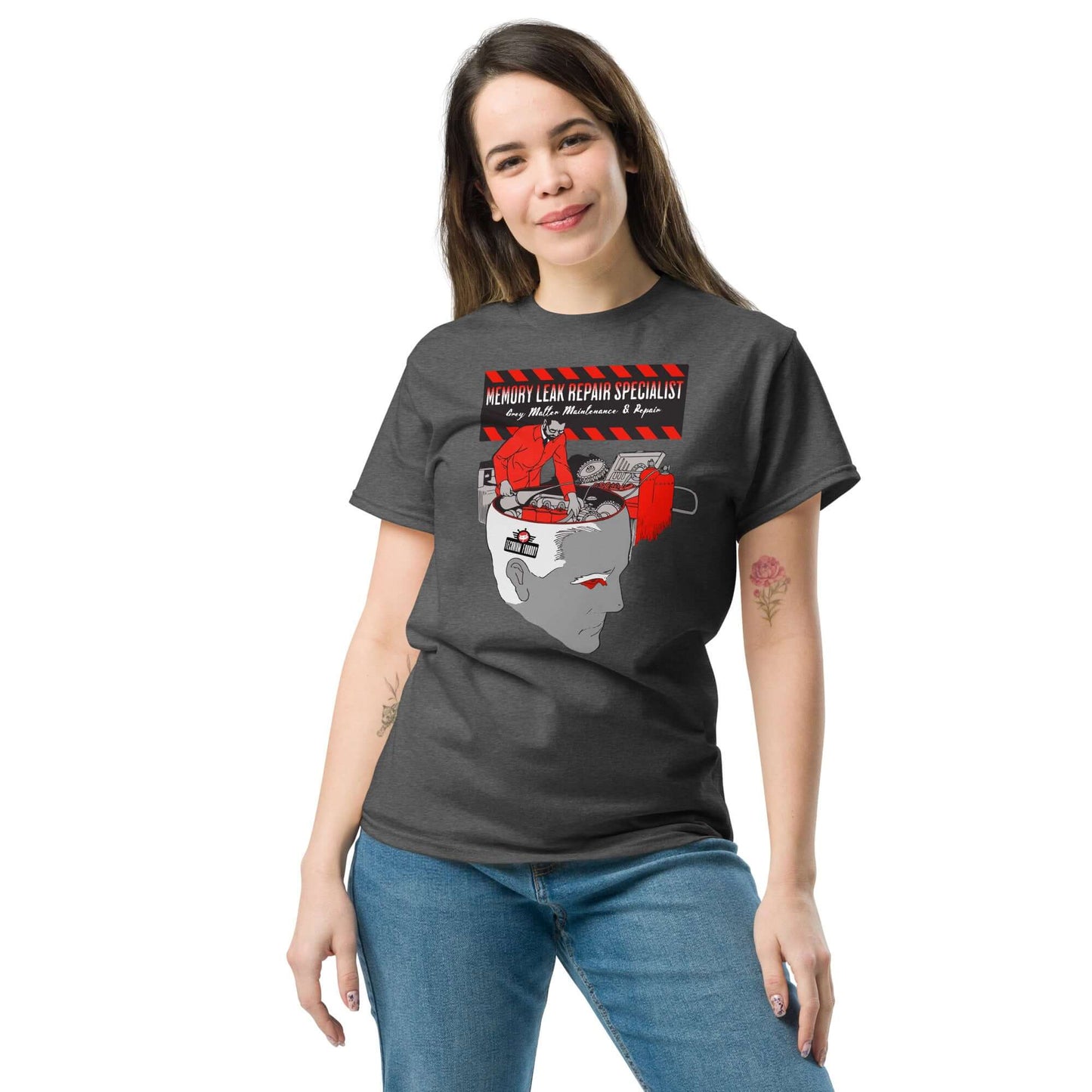 Woman wearing Memory Leak Repair Specialist T-shirt by Technium Foundry, featuring neural maintenance design in dark gray.