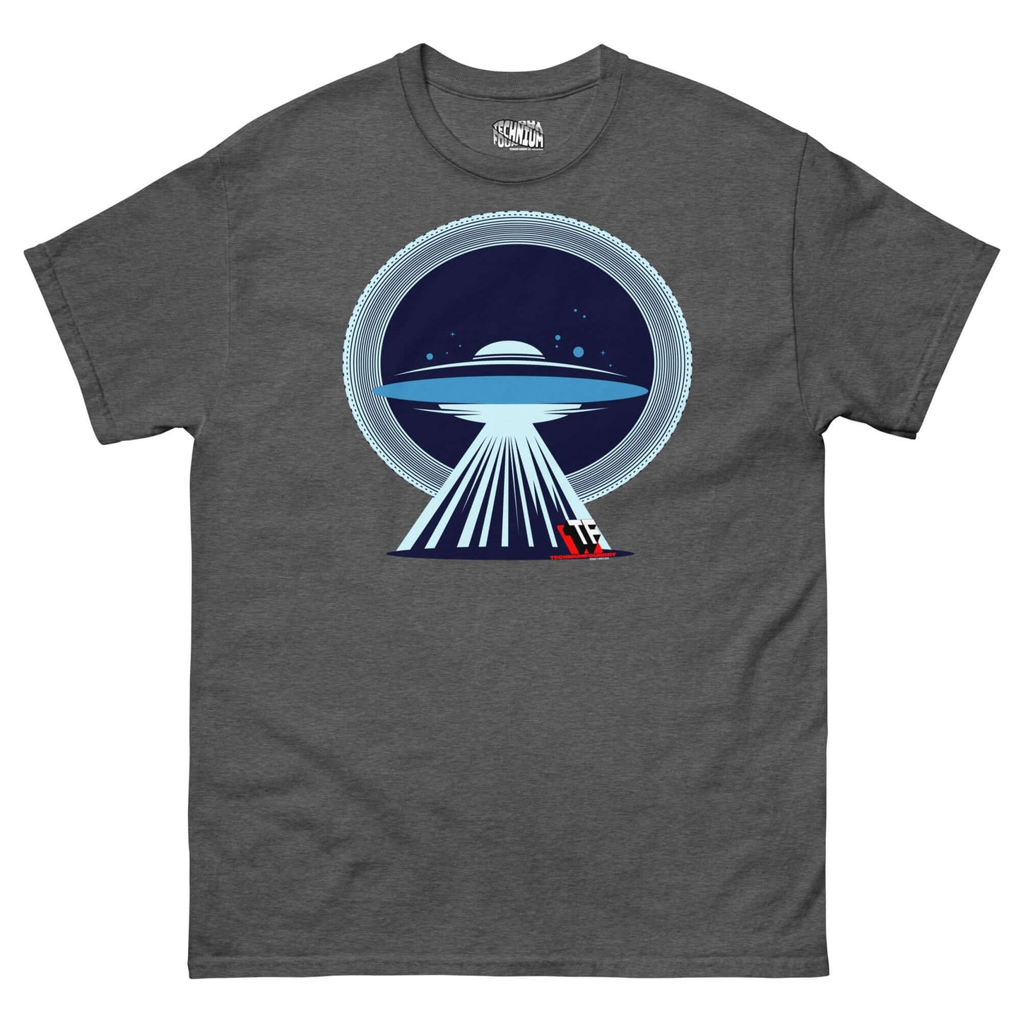 UFO Christmas T-Shirt featuring beam abducting a red sleigh, by Technium Foundry, limited edition holiday humor design.