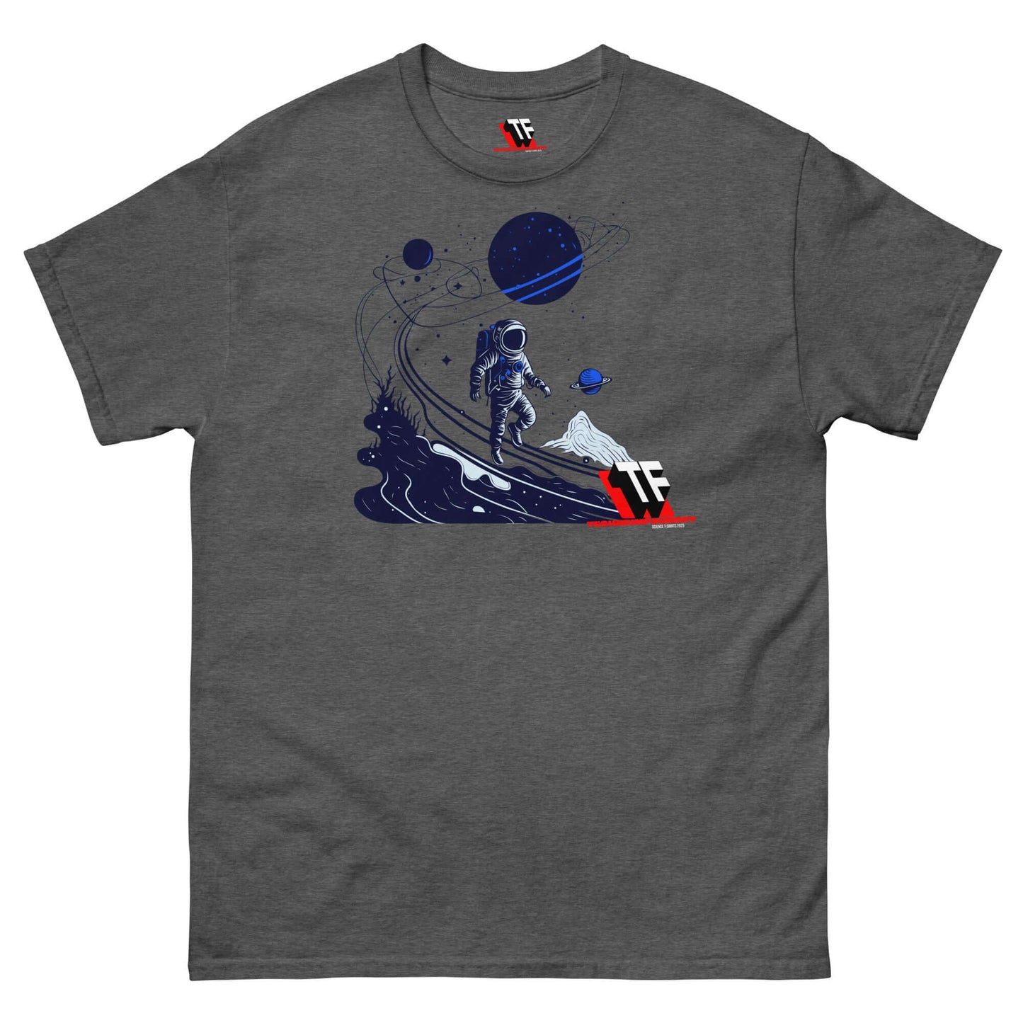 Cosmic Wanderer T-shirt with astronaut exploring starry universe by Technium Foundry, limited edition design on grey fabric.