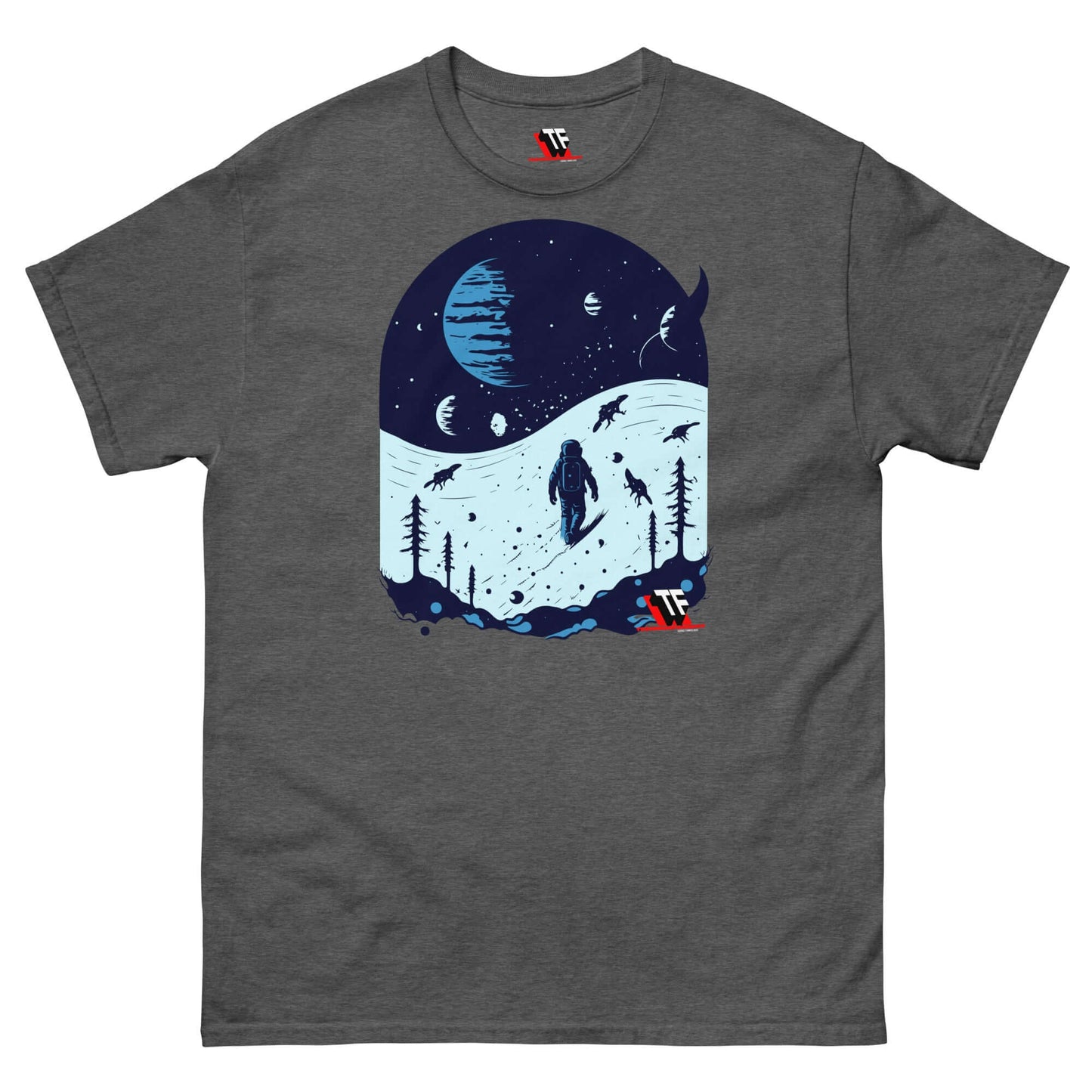 Space Dinosaur Slopes T-Shirt with astronaut, T-Rex skiing on alien planet, limited edition by Technium Foundry.