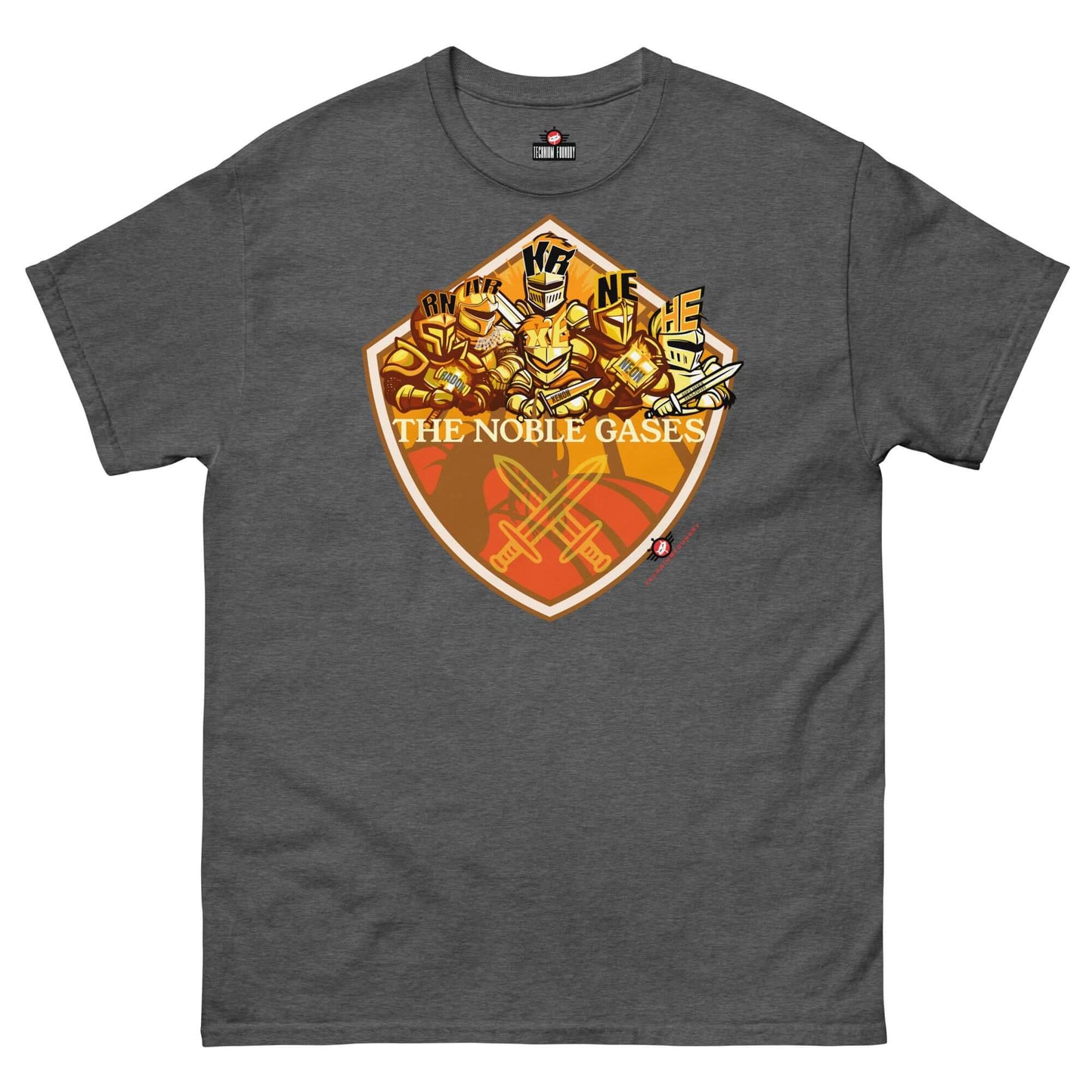 The Noble Gases T-Shirt featuring noble gases as medieval knights, by Technium Foundry, with a chemistry-themed coat of arms design.