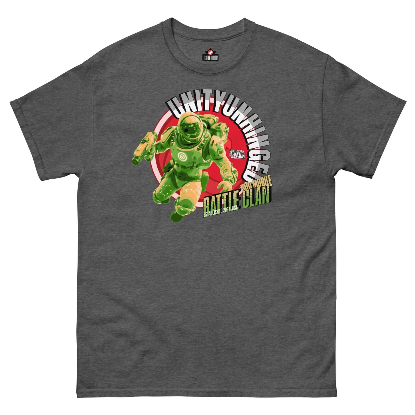 UNITYUNHINGED Battle Clan T-Shirt featuring astronaut in green, perfect for chaos-loving gamers. Durable, premium cotton by Technium Foundry.