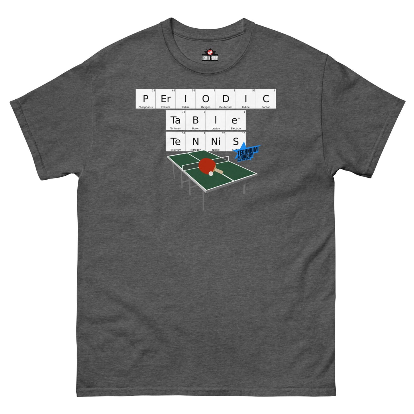 "Periodic Table Tennis T-Shirt by Technium Foundry featuring a fun chemistry and ping pong design on premium cotton."