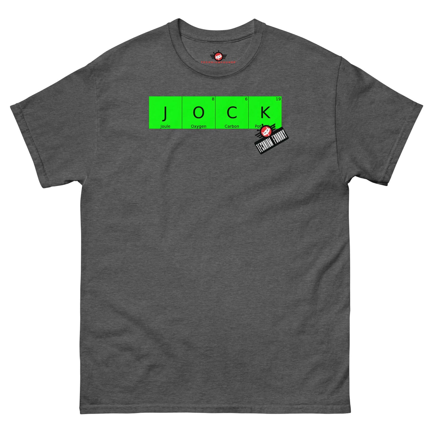 JOCK T-Shirt by Technium Foundry featuring periodic elements design with an Amish DJ on gray fabric.