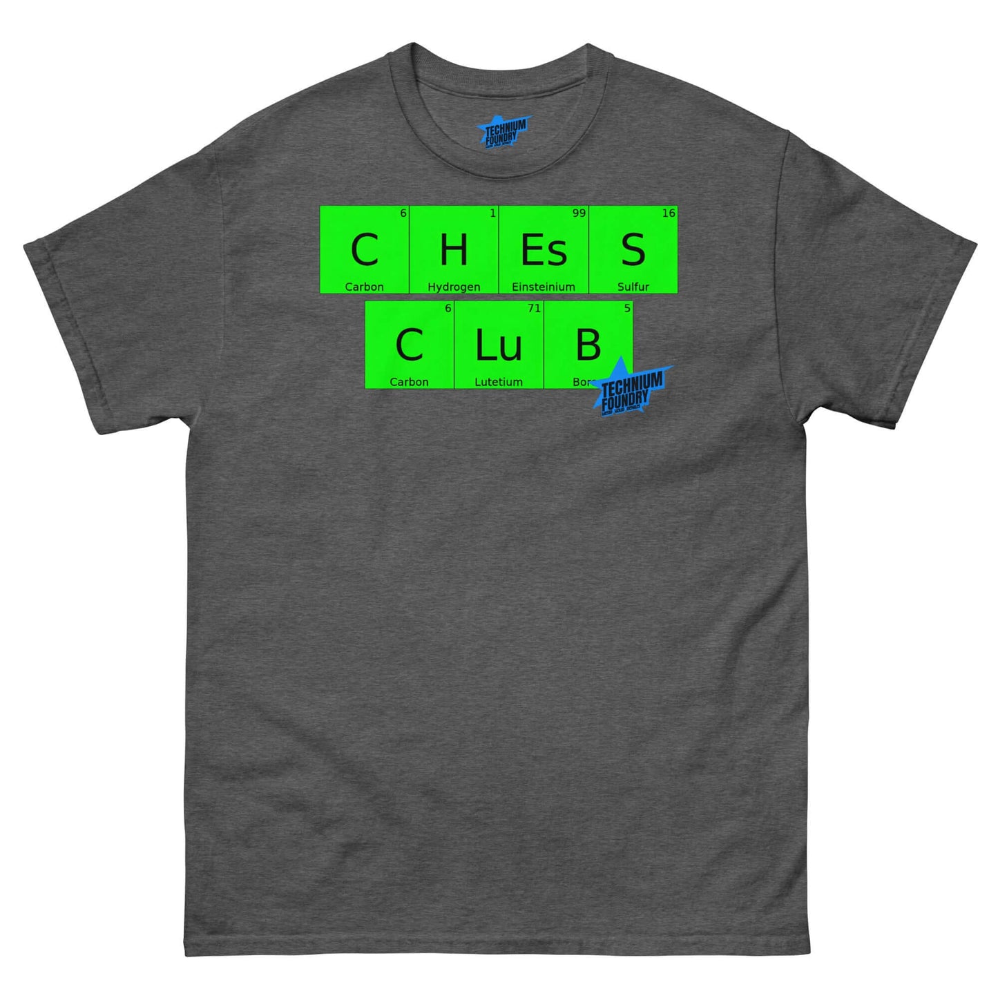 Technium Foundry Chess Club T-Shirt featuring periodic table elements design, combining chess and chemistry in green on a gray shirt.