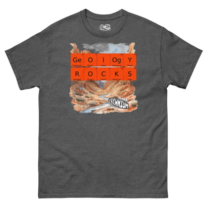 "GEOLOGY ROCKS T-Shirt by Technium Foundry featuring periodic elements and scenic landscape design on dark fabric."