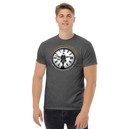 Person wearing "Einstein's Clock Shop" T-shirt featuring a playful time-themed design with scientific and temporal humor.