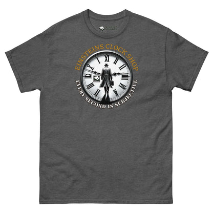 Einstein's Clock Shop T-Shirt by Technium Foundry featuring time-themed design with clock and relativity humor.