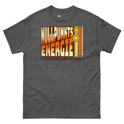 Gray T-shirt with retro "Nullpunktsenergie" design and 70s typography featuring atomic elements, celebrating quantum physics.