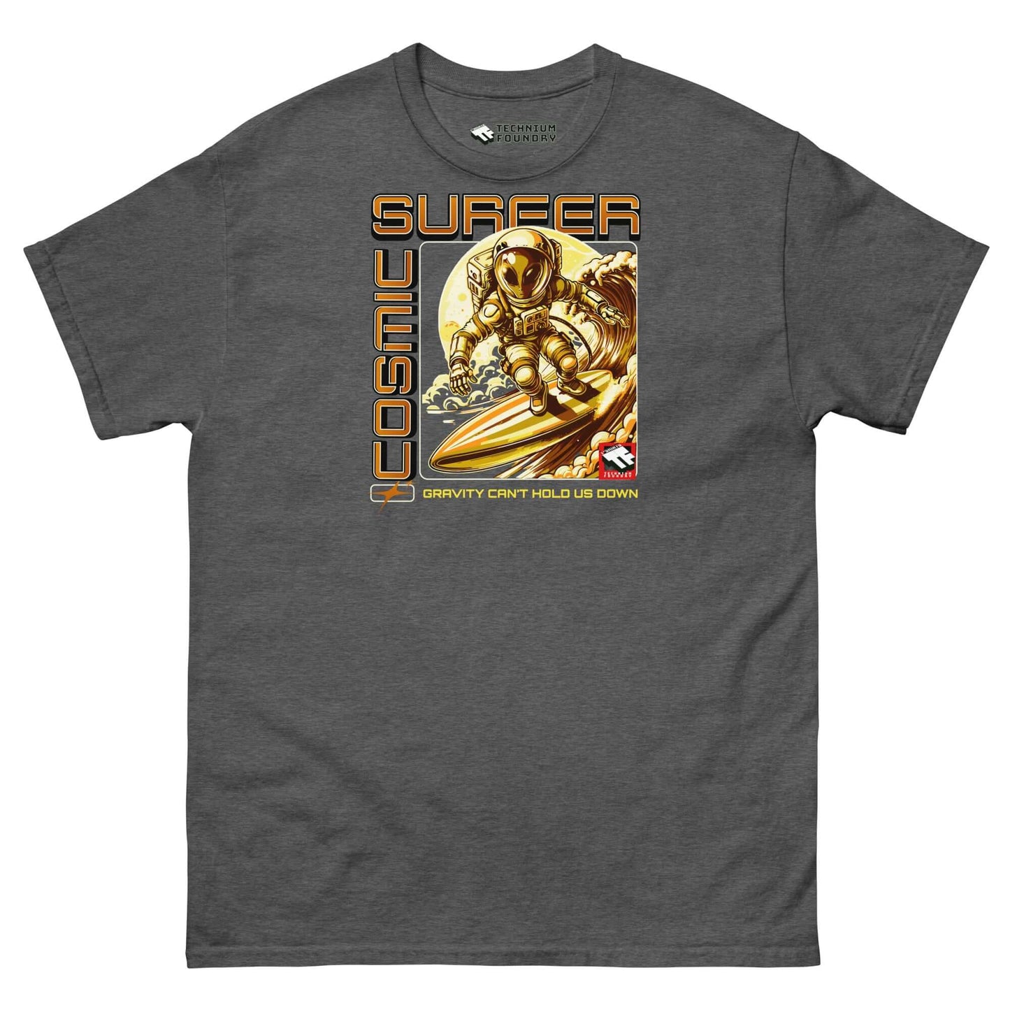 Cosmic Surfer T-Shirt with astronaut surfing in space, retro-tech gold tones, tagline "Gravity Can't Hold Us Down", Technium Foundry.