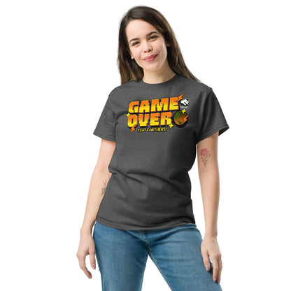 Woman wearing Game Over Flat Earthers t-shirt by Technium Foundry, featuring pixelated Earth design and arcade style graphics.