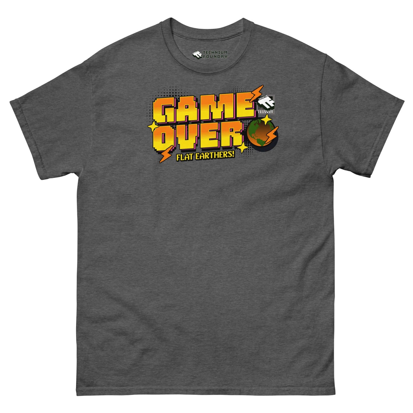 Game Over Flat Earthers T-Shirt in 16-bit style with pixelated Earth by Technium Foundry