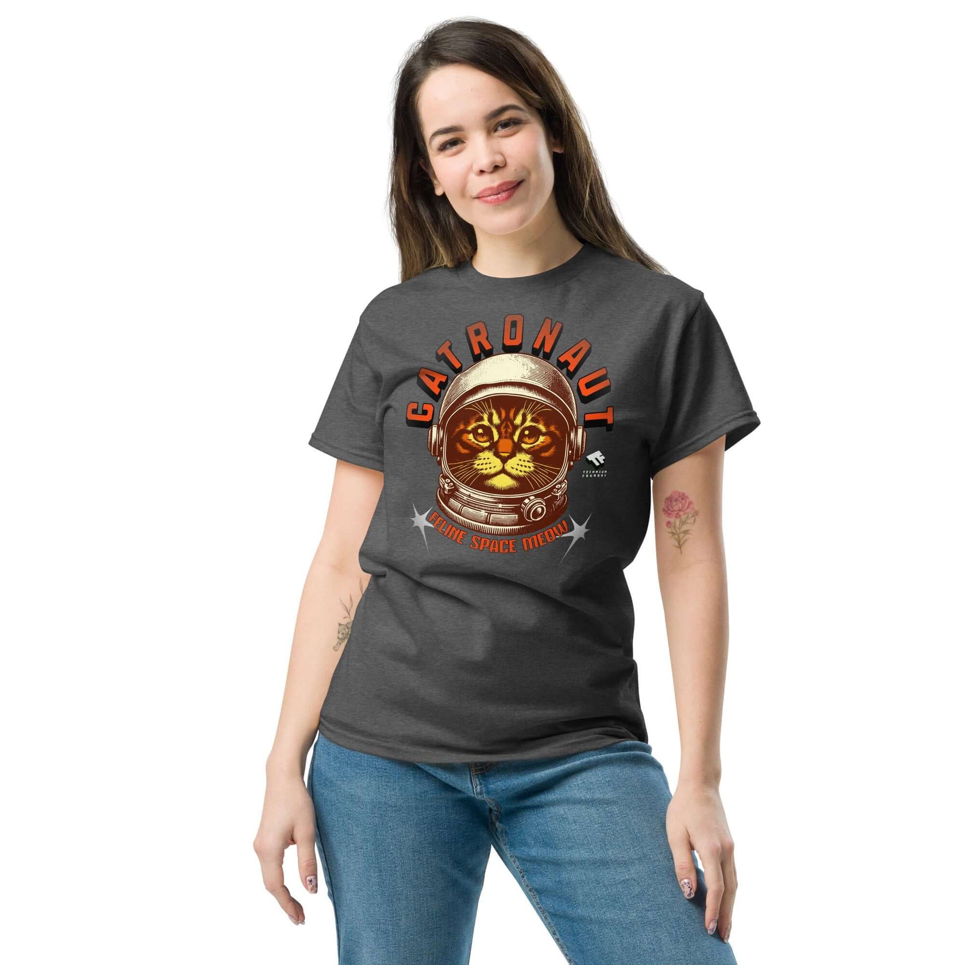 Woman wearing Catronauts Feline Space Medal T-Shirt with astronaut cat design by Technium Foundry.