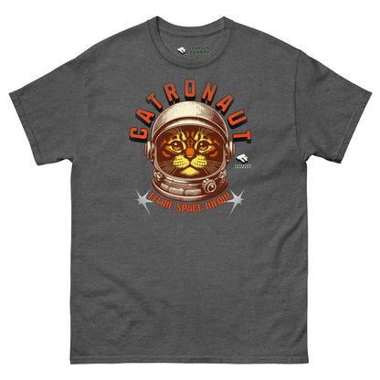 Gray T-shirt featuring "Catronauts: Feline Space Medal" design with a cat in a space helmet, perfect for space and cat lovers.