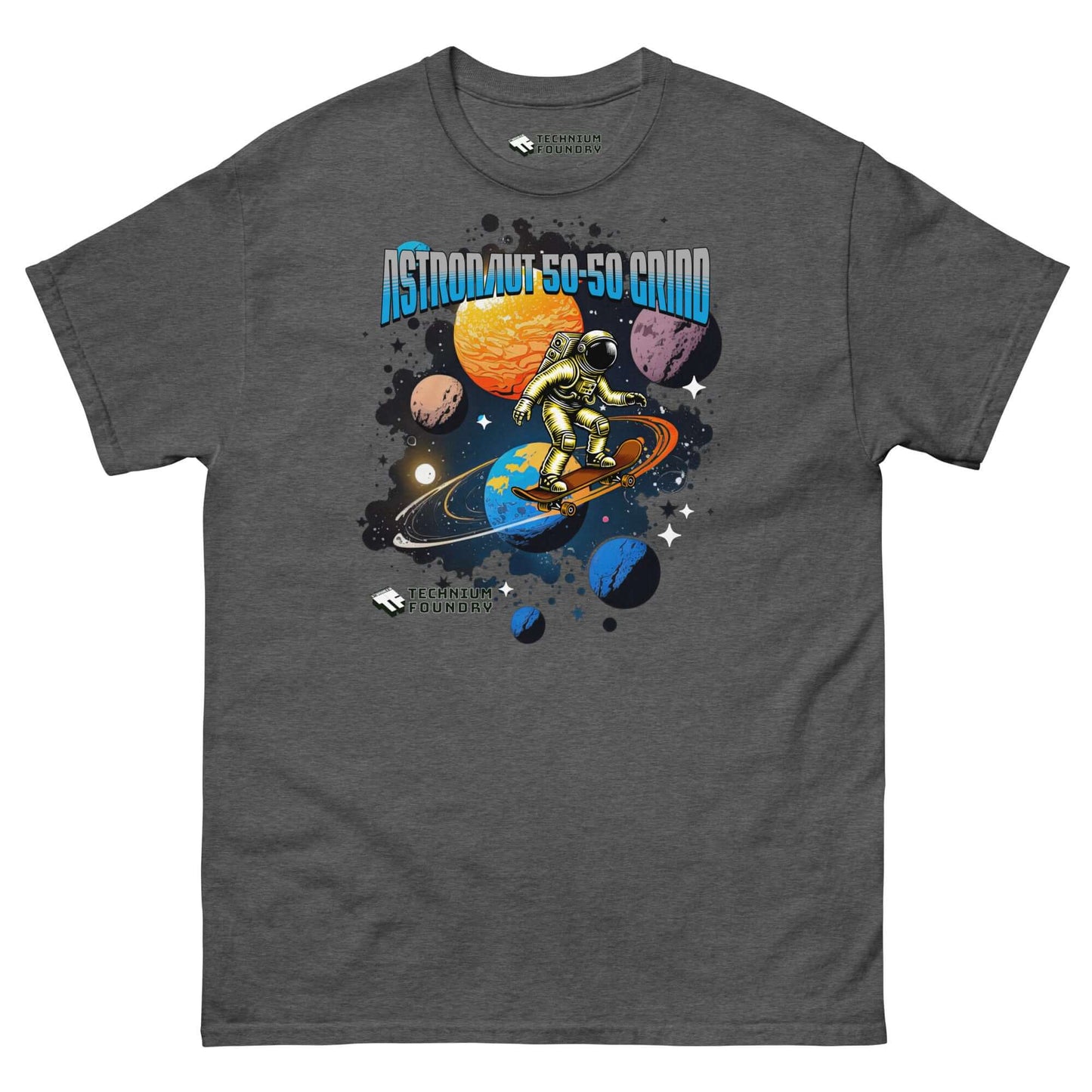 Astronaut performing 50-50 grind on Saturn's rings graphic T-shirt by Technium Foundry, showcasing space-themed skateboarding design.