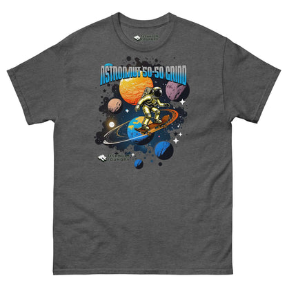 Astronaut performing 50-50 grind on Saturn's rings graphic T-shirt by Technium Foundry, showcasing space-themed skateboarding design.