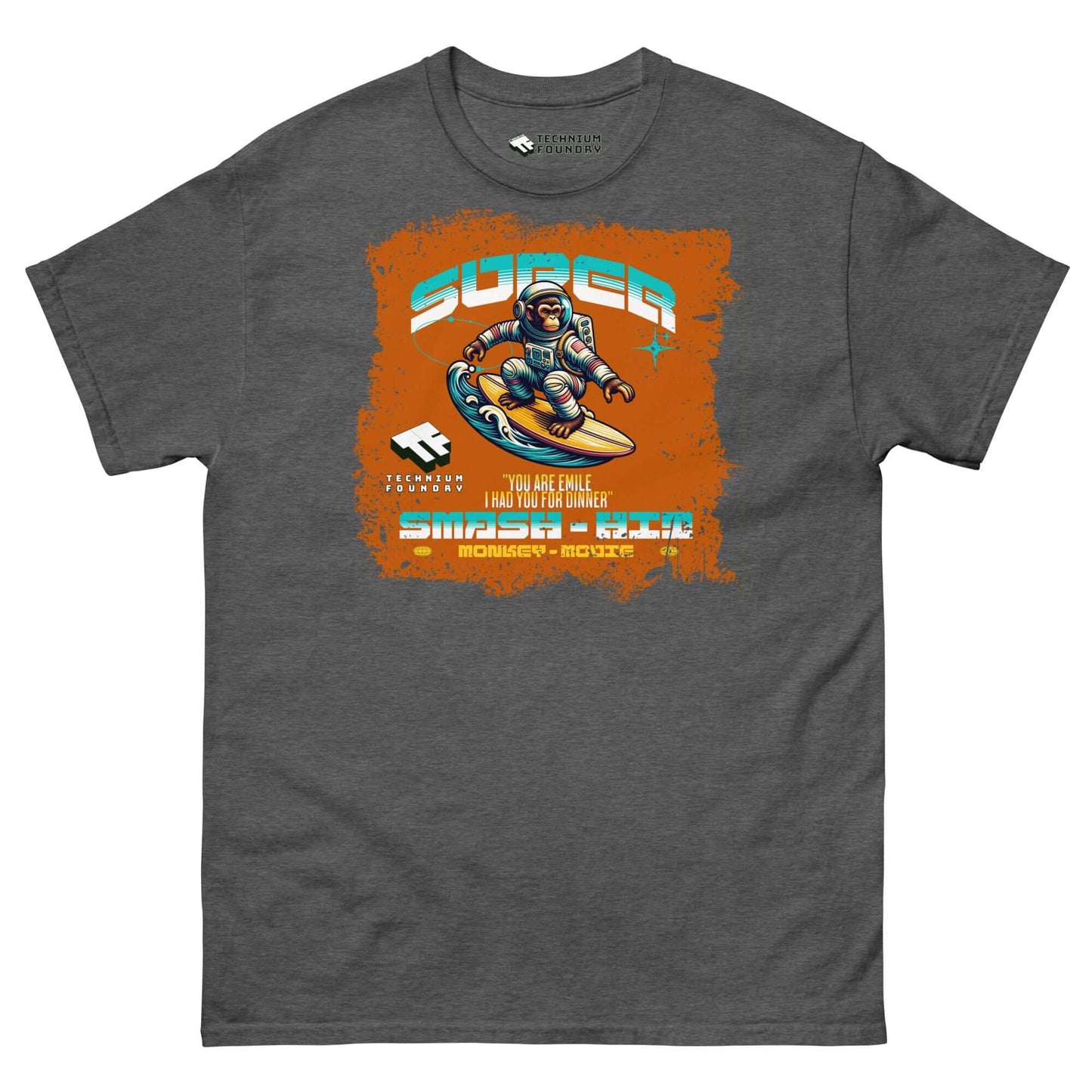 "Super Smash & Click T-Shirt with retro astronaut design by Technium Foundry, showcasing gaming and cyberspace style."