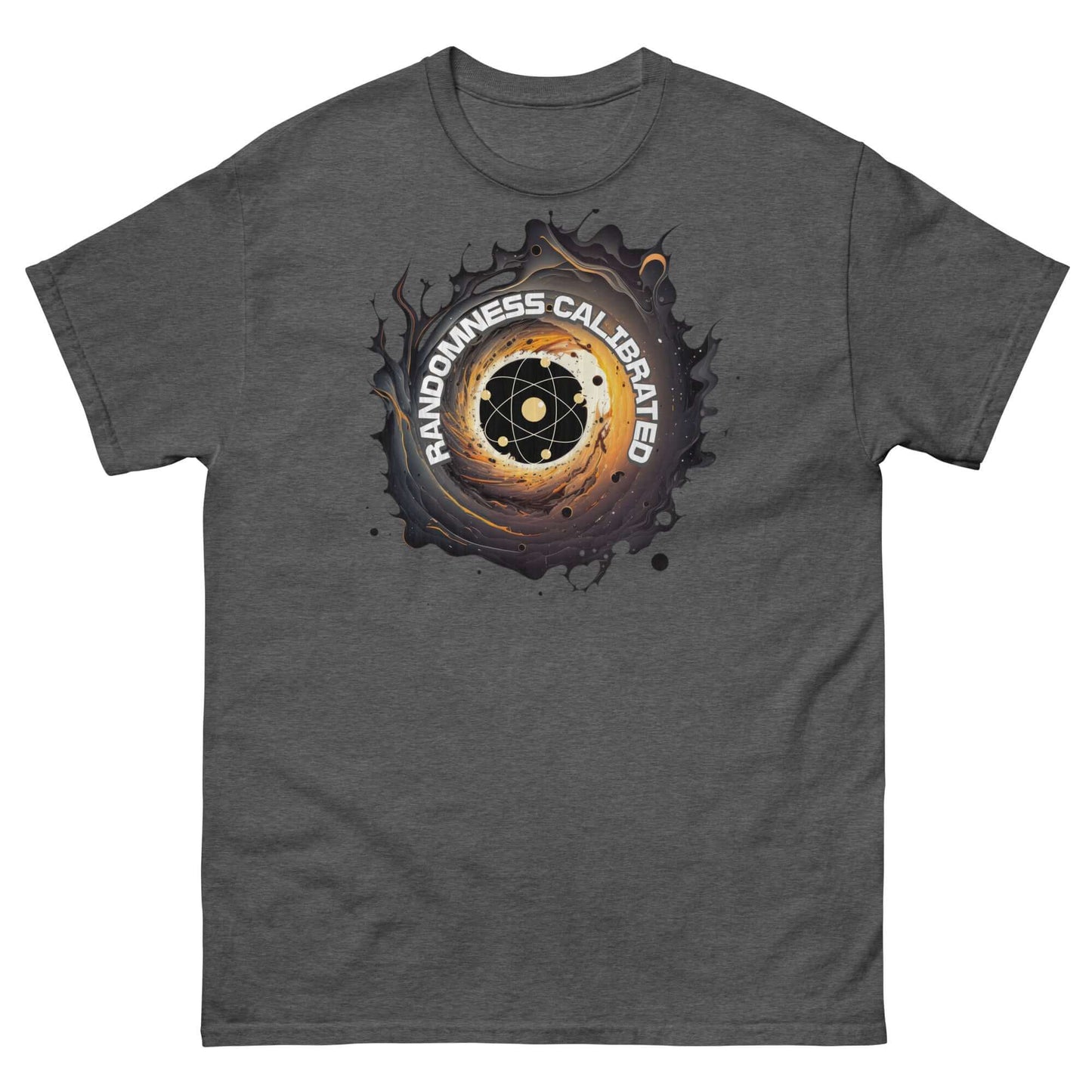 Quantum Physics T-Shirt with Randomness Calibrated Atom Design on a Dark Gray Background