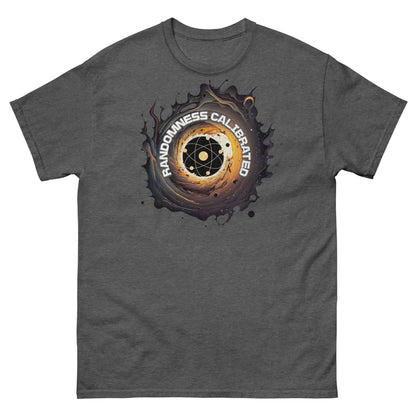 Quantum Physics T-Shirt with Randomness Calibrated Atom Design on a Dark Gray Background