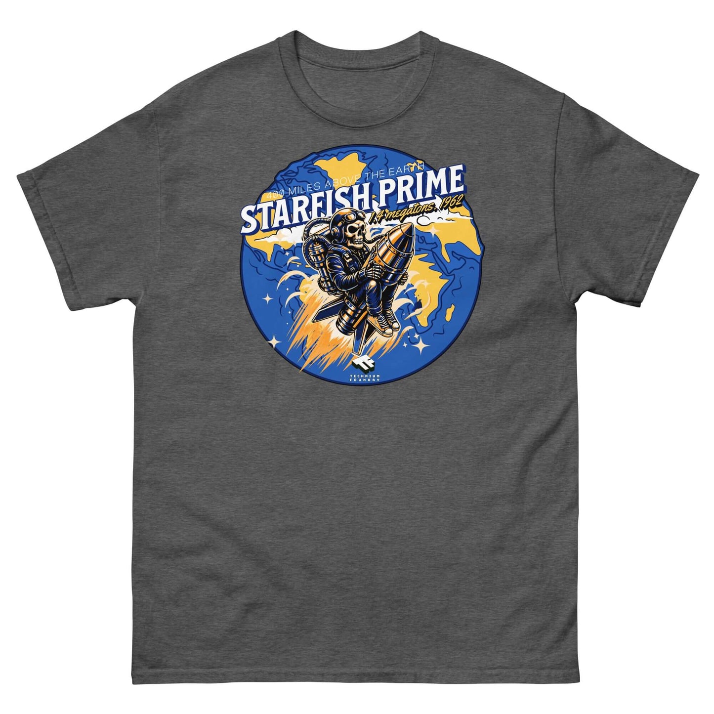 Retro Starfish Prime T-Shirt with nuclear space test design featuring a space-suited figure riding a warhead against the colorful sky.