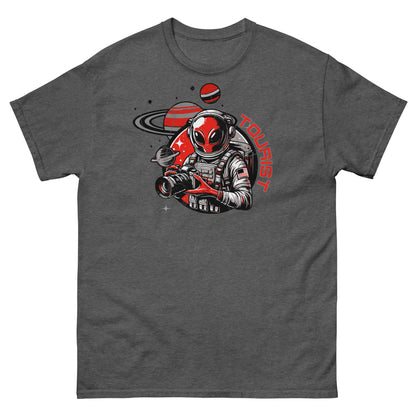 Space Tourist T-Shirt with alien taking photos at Saturn's rings, vacation theme on dark gray tee, Red Planet Explorer design