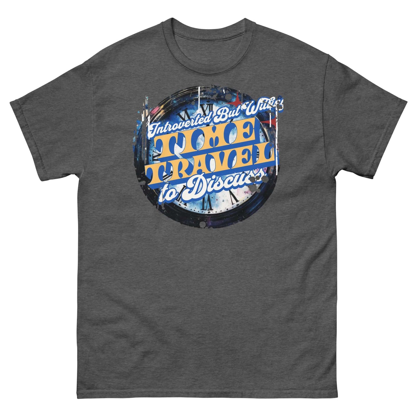 Introverted Time Travel T-Shirt with humorous physics quote, vintage circular design in black.