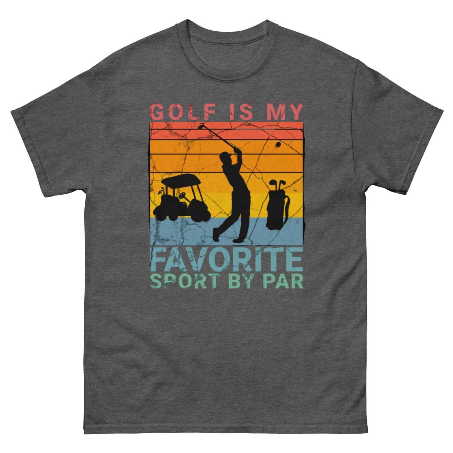 Golf Pun T-Shirt featuring 'Golf is My Favorite Sport by Par' with retro sunset design, silhouetted golfer, cart, and bag.