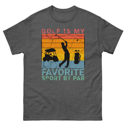 Golf Pun T-Shirt featuring 'Golf is My Favorite Sport by Par' with retro sunset design, silhouetted golfer, cart, and bag.