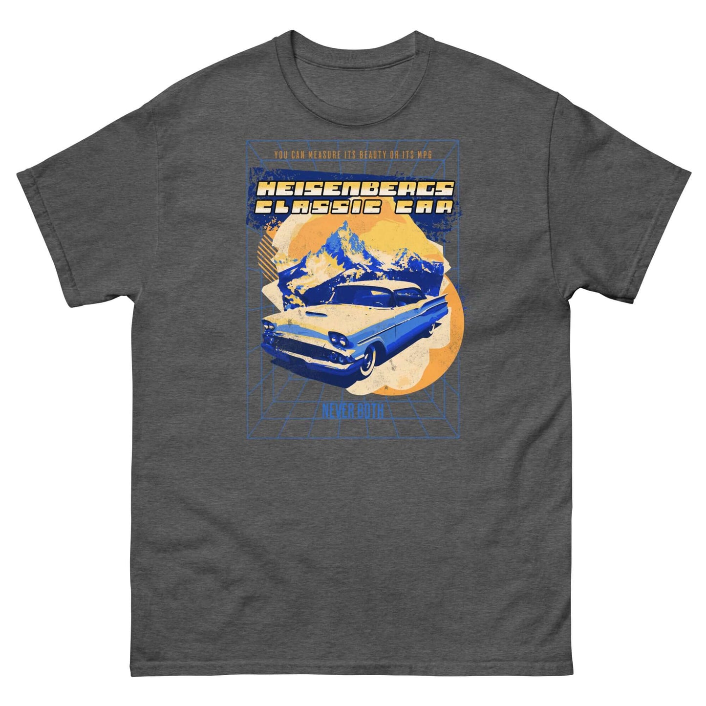 Heisenberg's Classic Car T-Shirt featuring retro '58 Impala design with mountains, quantum mechanic theme, Detroit Steel style.