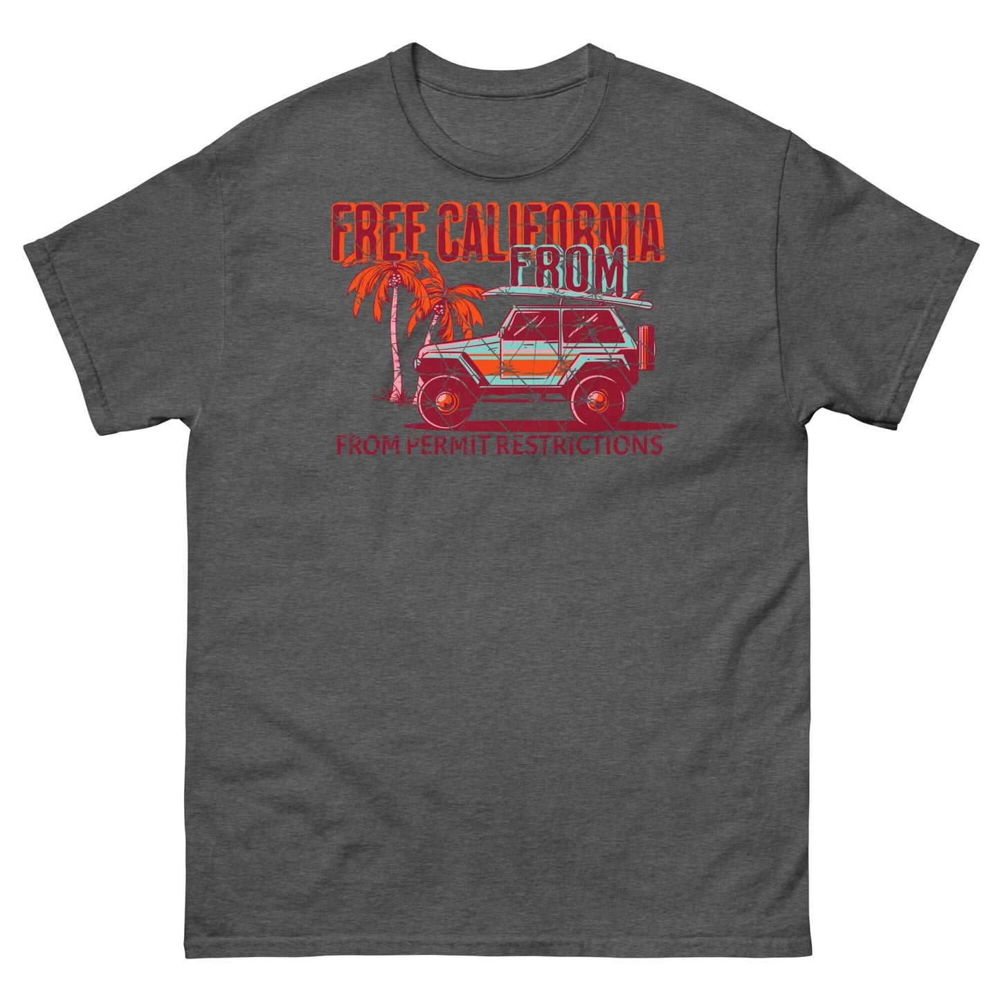 California Surf T-Shirt with red 4x4 and palm trees, text 'Free California From' evokes beach and surf theme. Ideal beachwear.