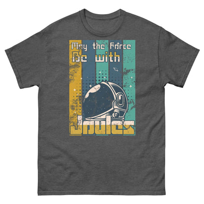 Retro astronaut helmet t-shirt with 'May the Force Be with Joules' text, blending physics and pop culture in vintage style.