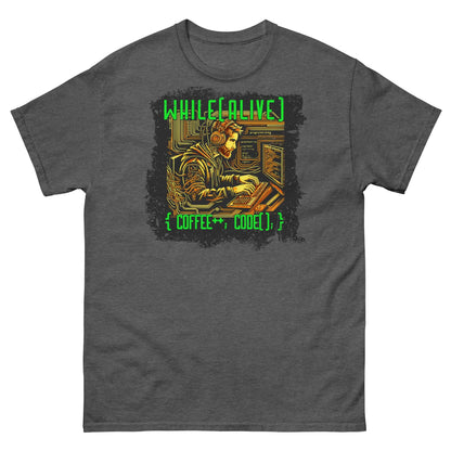 Graphic T-shirt with programmer design, text 'While(alive) { coffee++; code(); }' in green and gold matrix style.