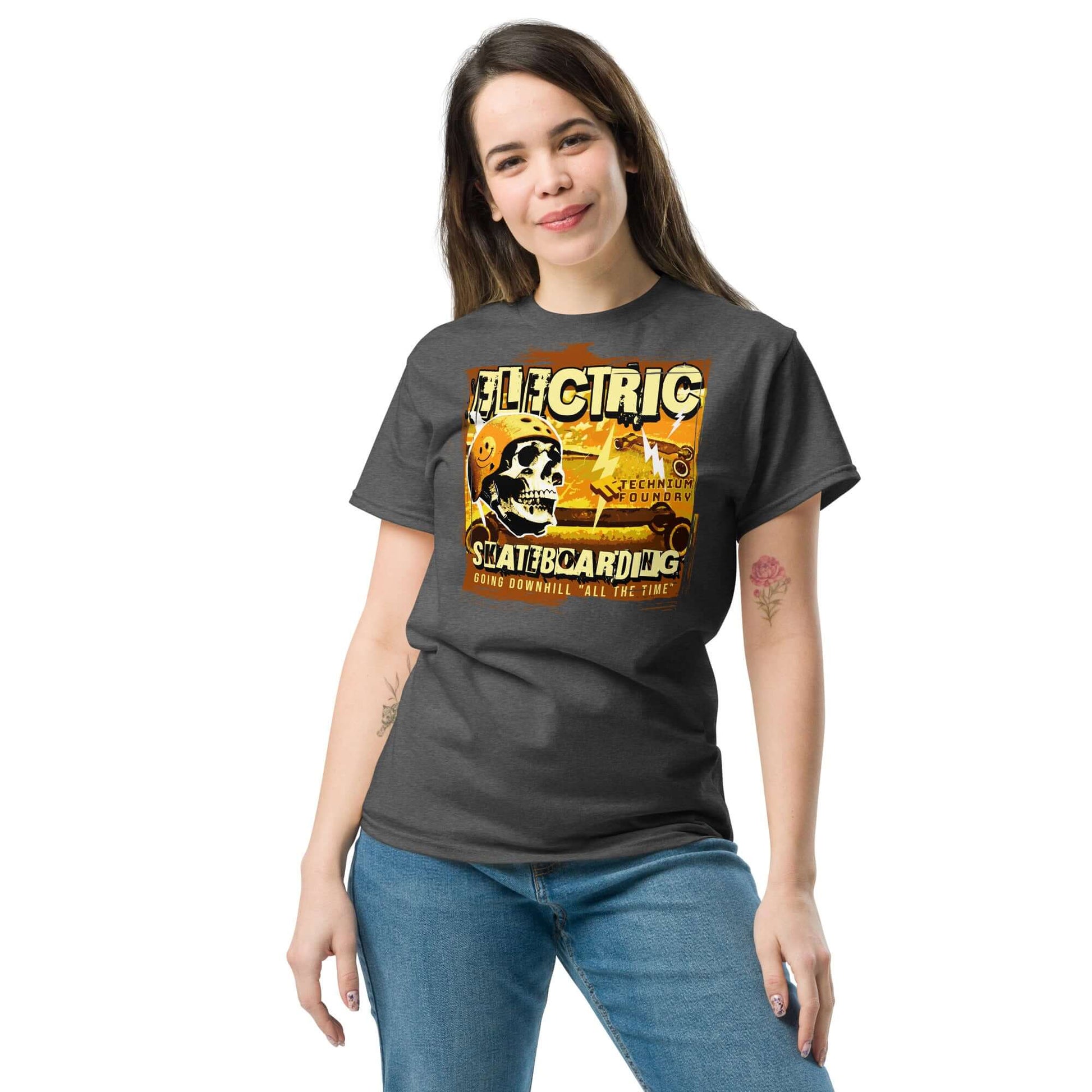 Woman wearing Electric Skateboarding T-Shirt with skeleton and spicy physics design, emphasizing vintage warning and playful style.