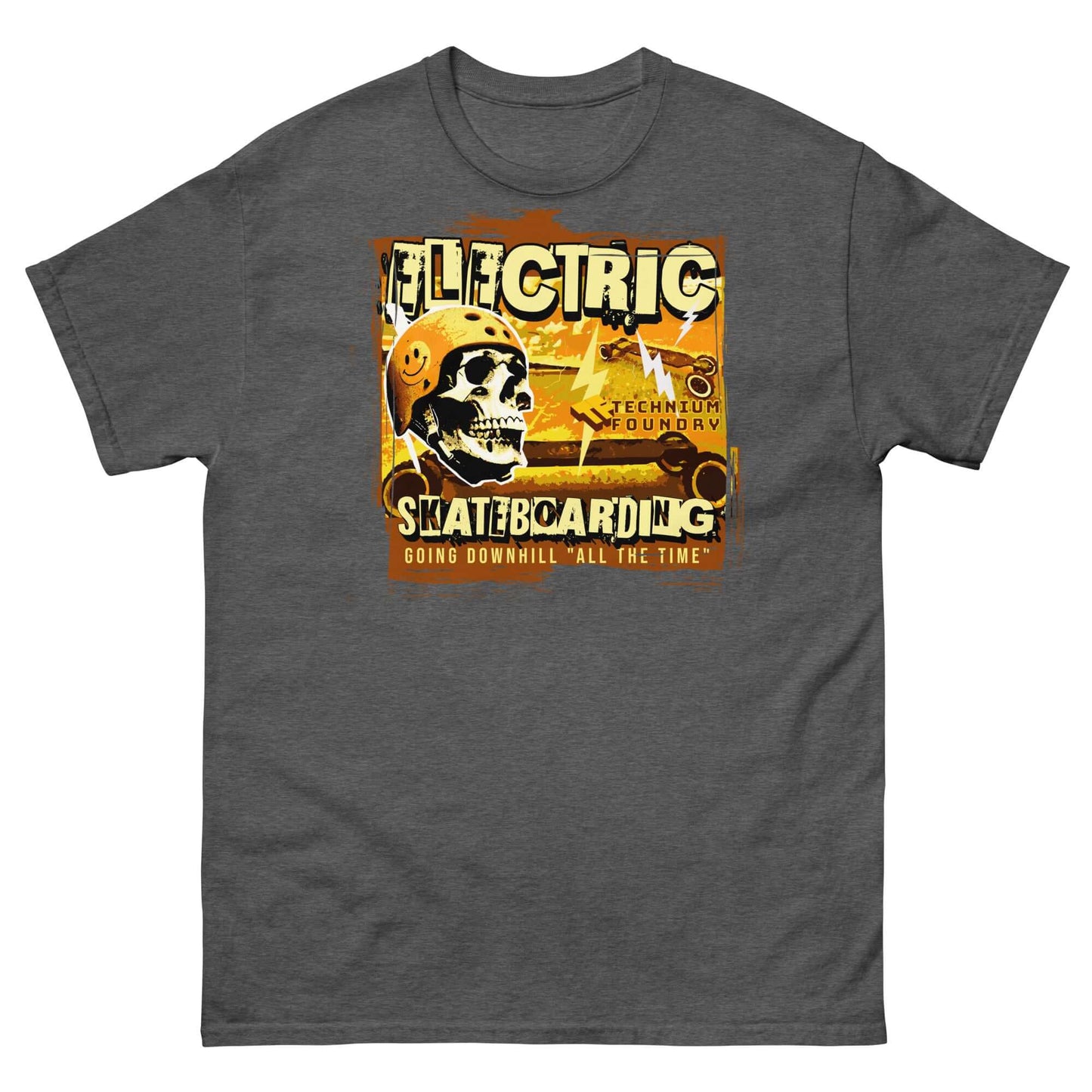 Electric Skateboarding T-Shirt with skeleton design, vintage warning poster style, black cotton, High Voltage Side of Physics theme.