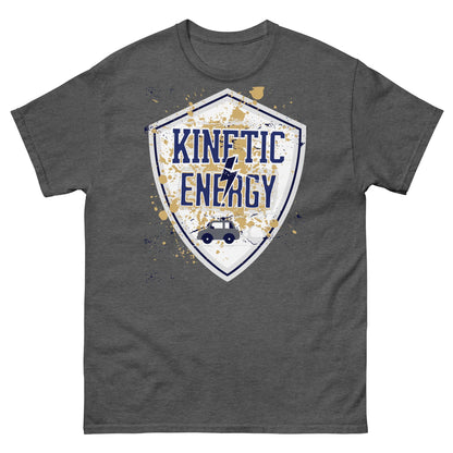 Charcoal t-shirt featuring a vintage shield design with 'Kinetic Energy' text and a small car, symbolizing mass times velocity squared.