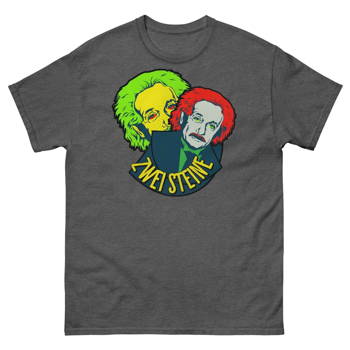 Zwei Steine T-Shirt featuring colorful double Einstein design, humorous bilingual pun for physics enthusiasts and German language lovers.