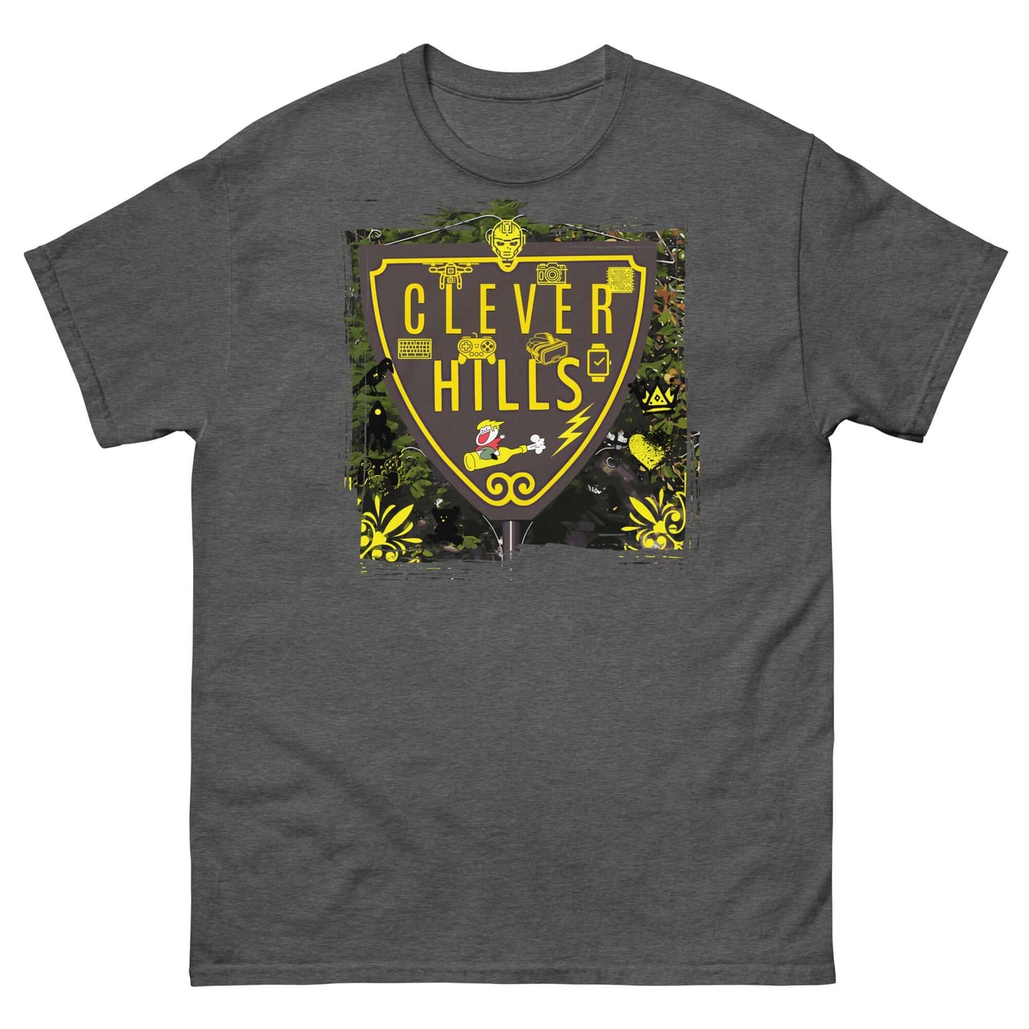 Clever Hills T-Shirt featuring a shield with quantum mechanics and zip code symbols on a gray background, perfect for nerdy fans.