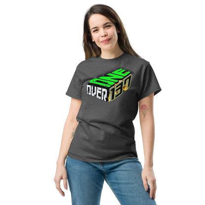 Woman wearing One Over 137 t-shirt with bold 3D typography celebrating the fine-structure constant in a stylish design.