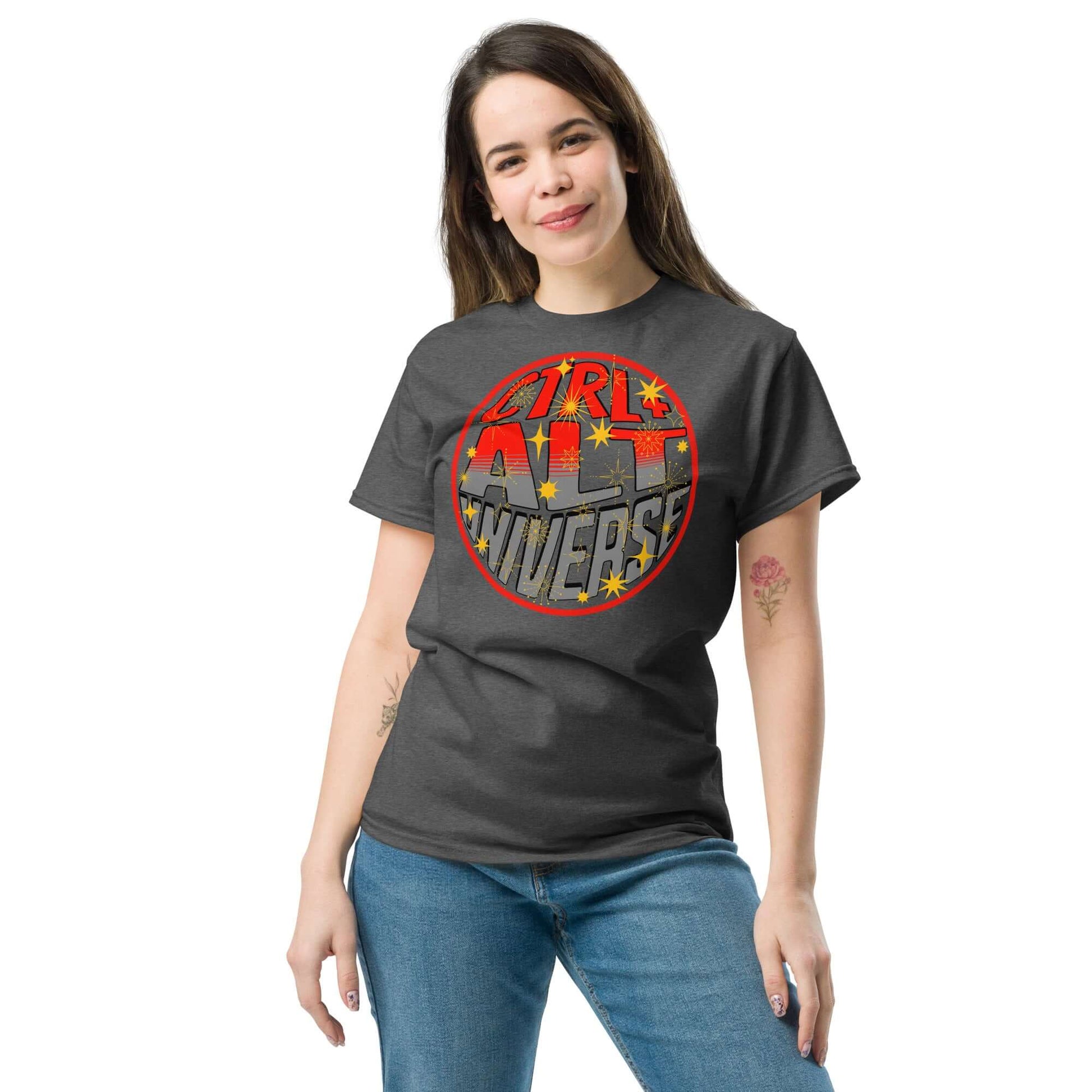 Woman wearing CTRL + ALT UNIVERSE T-Shirt with retro cosmic design, perfect for simulation theory enthusiasts.