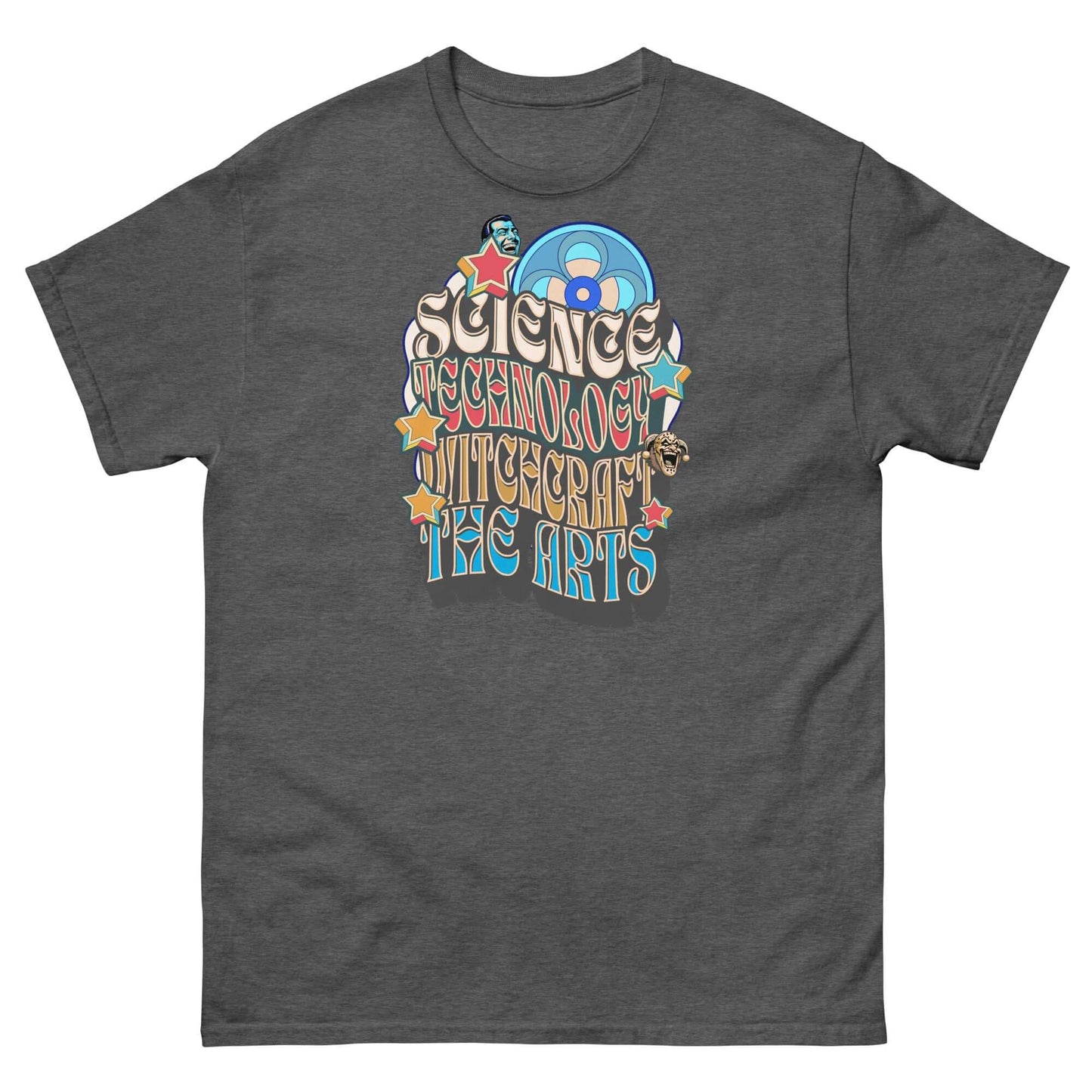 Psychedelic Science, Technology, Witchcraft & Arts T-shirt with retro sci-fi design for intellectual rebels. Perfect for Renaissance souls.