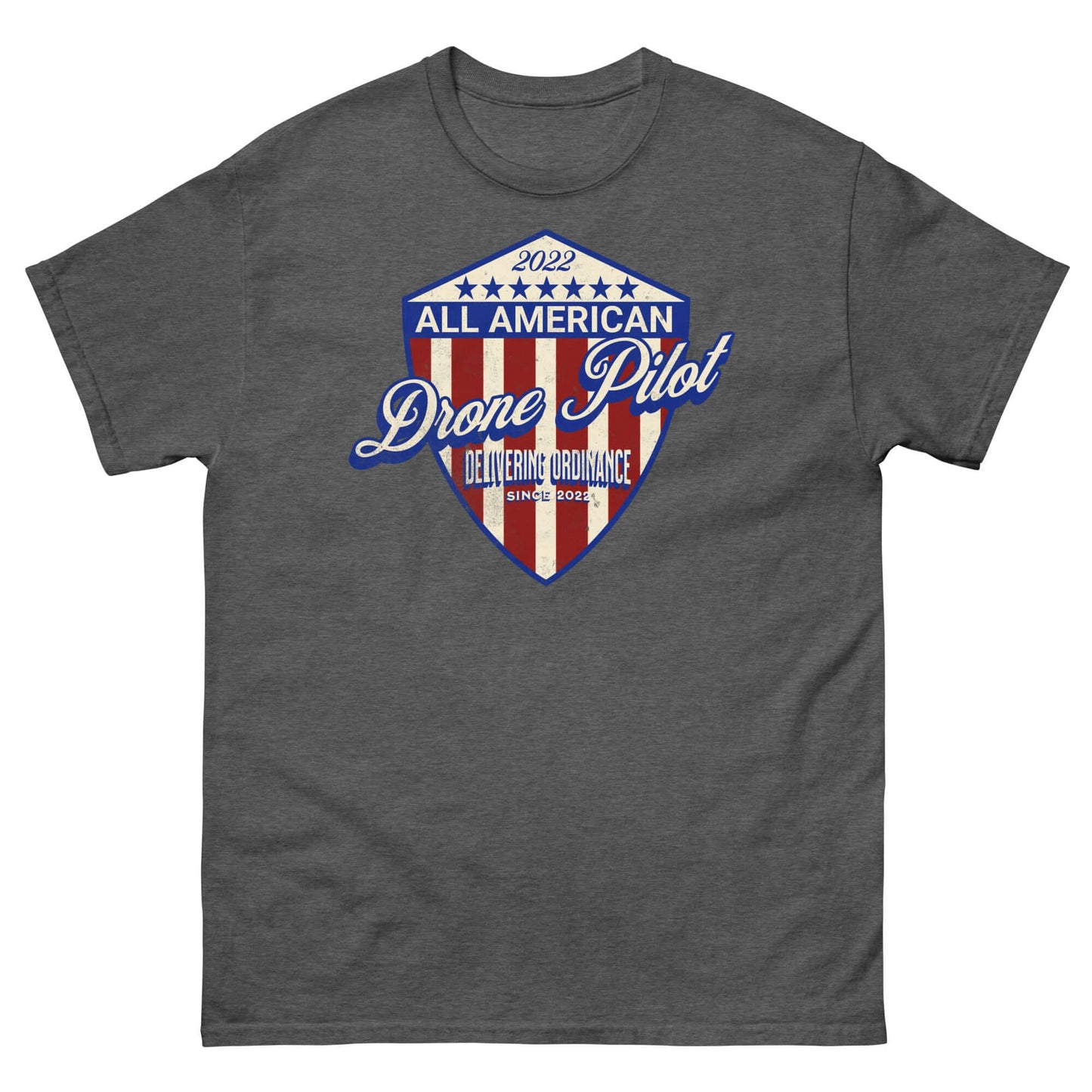 All American Drone Pilot Champion T-Shirt with patriotic shield design, perfect for aerial performance enthusiasts.